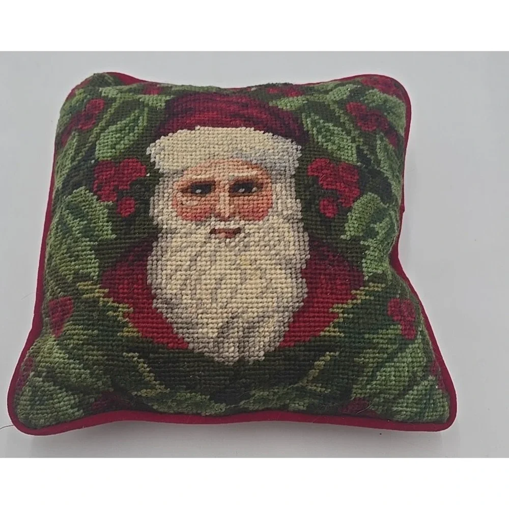 Vintage WOOL NEEDLEPOINT SANTA CLAUS Throw Accent Pillow Victorian Holly Berries